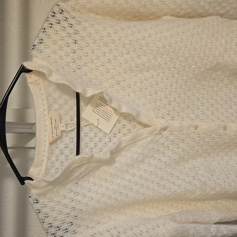 Sezane Saphia Wool/ Kid Mohair Delicate Fancy Openwork Knit White Cardigan - Picture 9 of 14